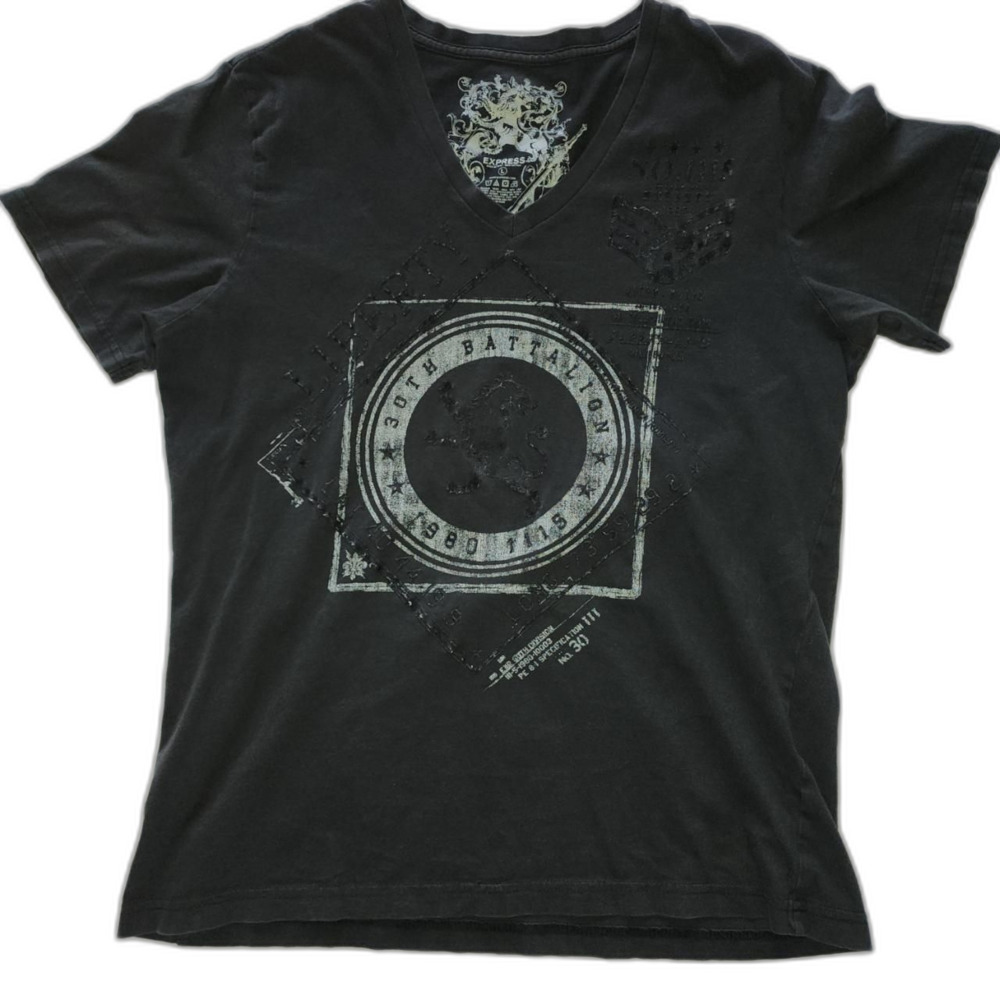 Vintage Express Black & White Graphic V-Neck T-Shirt Size Large